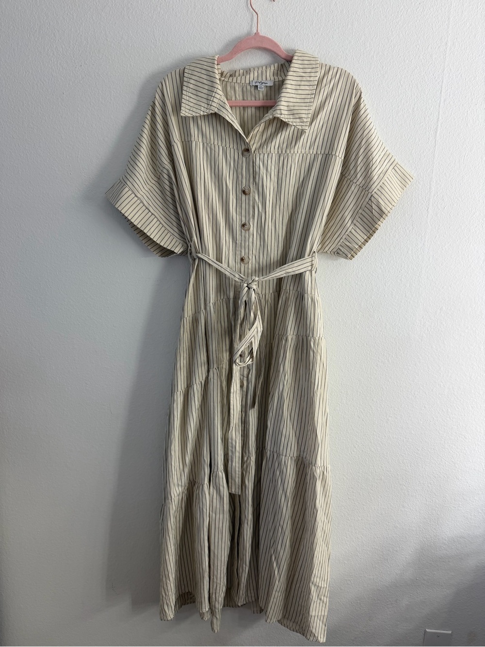Polagram Women’s Striped Button-Front Midi Dress with Tie Waist Size 3X
